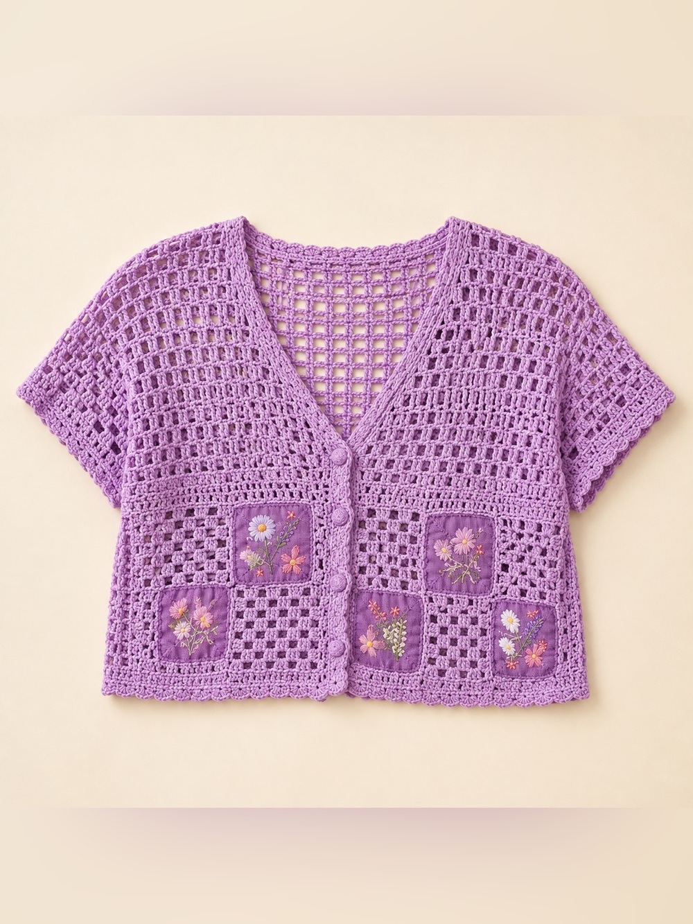 Lavender Crochet Cardigan Floral Embroidered Patchwork Handmade